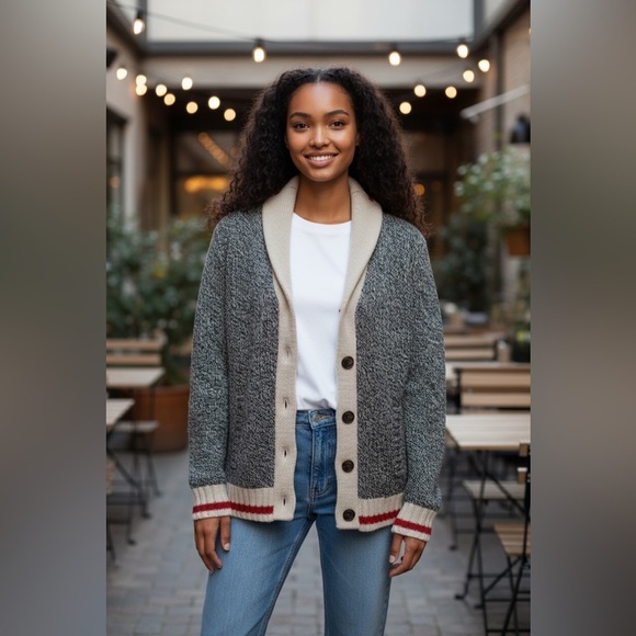 Roots Gray and Cream Cardigan Sweater - Picture 1 of 4